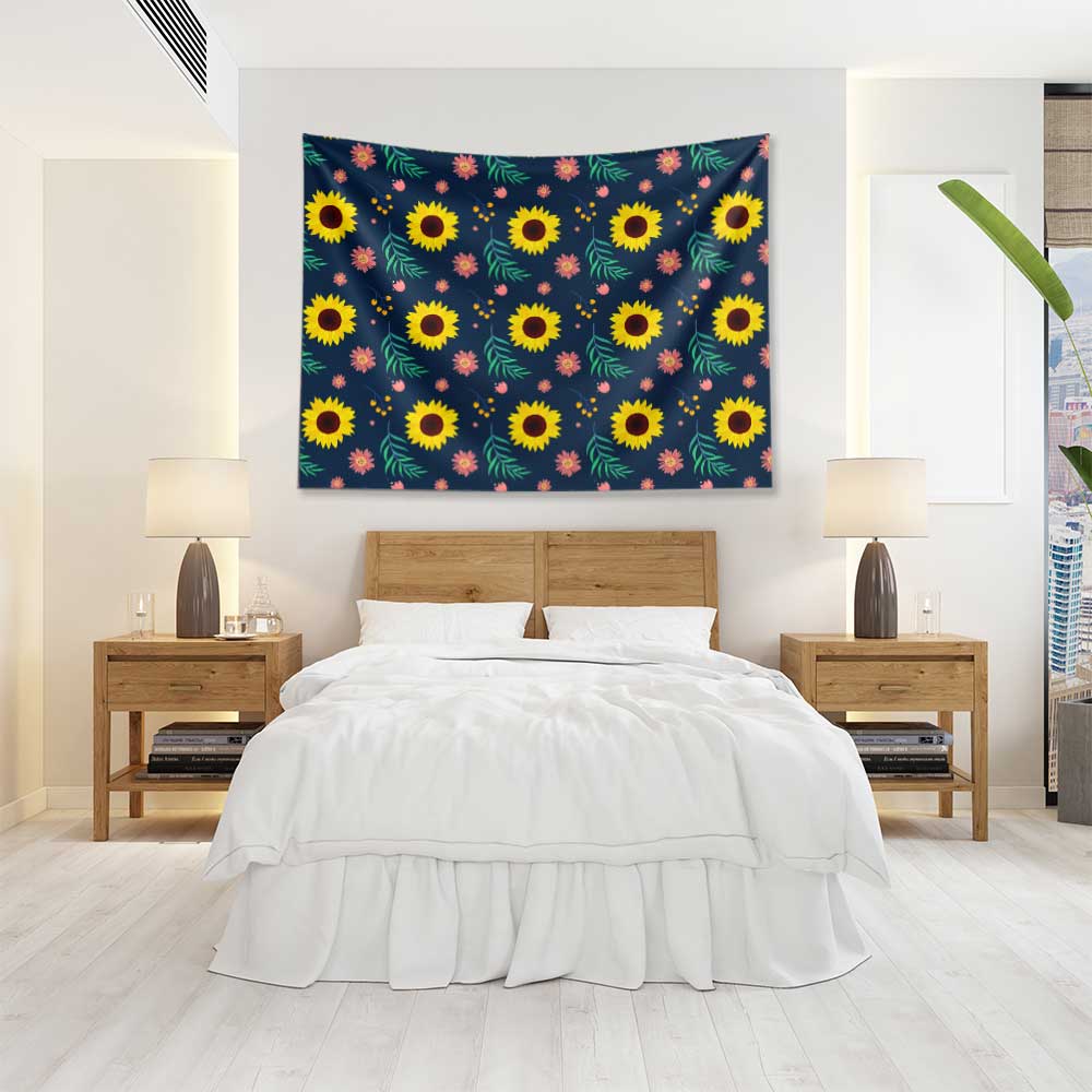 Lacivert Zemin Üzerinde Ayçiçeği Desenli Duvar Örtüsü 4752