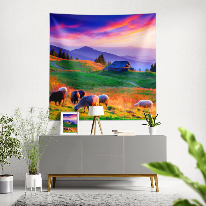 Dağ Evi ve Koyunlu Gün Batımı Manzaralı Duvar Örtüsü 4754