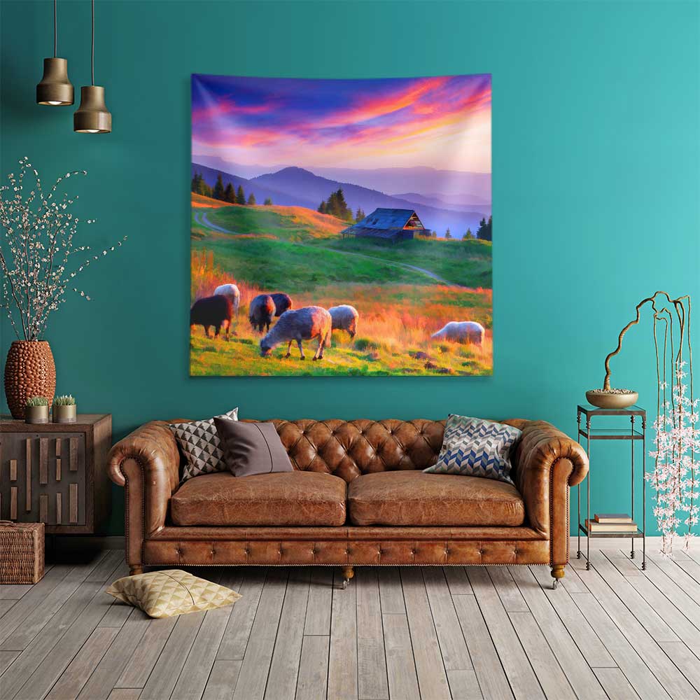 Dağ Evi ve Koyunlu Gün Batımı Manzaralı Duvar Örtüsü 4754