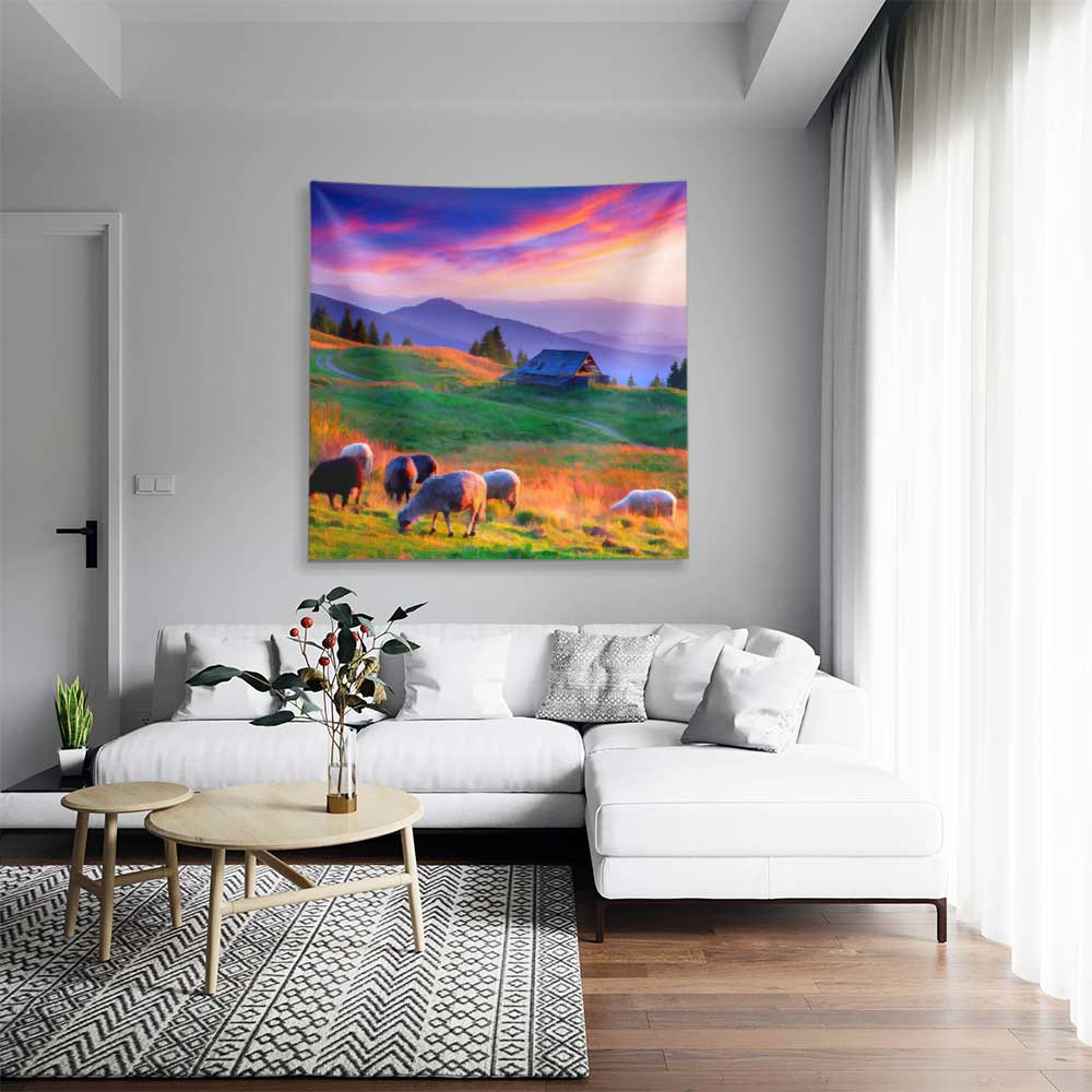 Dağ Evi ve Koyunlu Gün Batımı Manzaralı Duvar Örtüsü 4754