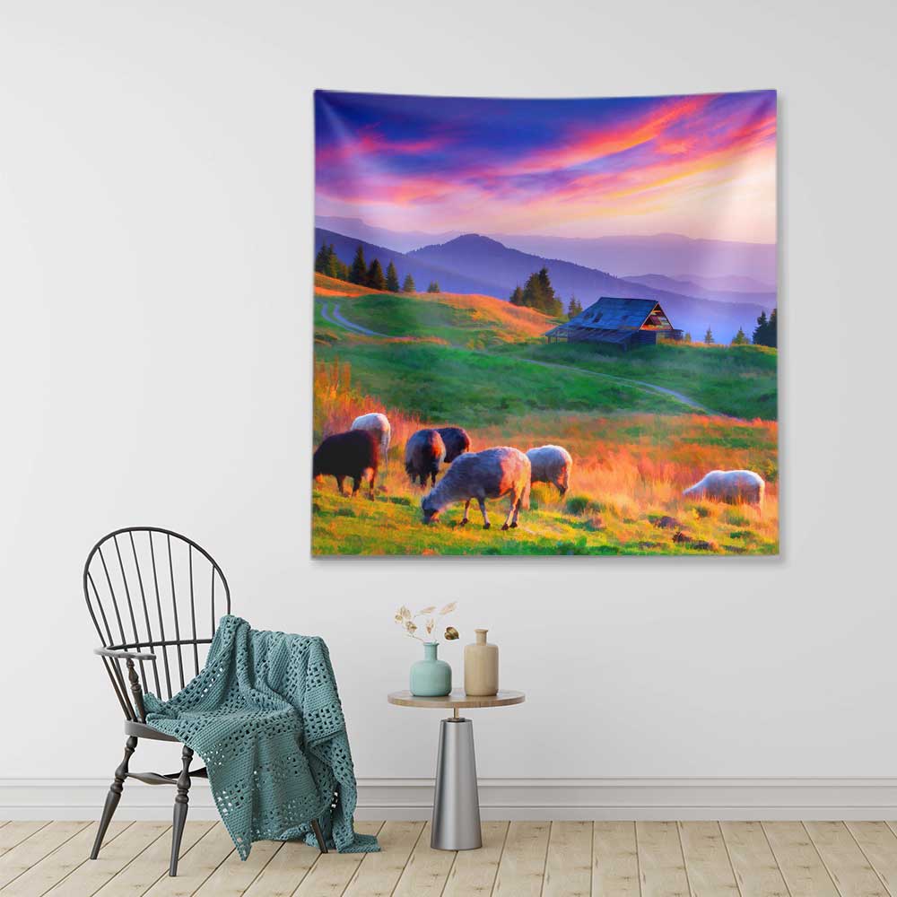 Dağ Evi ve Koyunlu Gün Batımı Manzaralı Duvar Örtüsü 4754