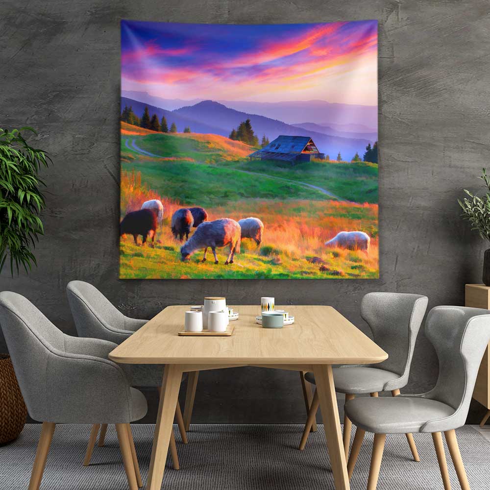 Dağ Evi ve Koyunlu Gün Batımı Manzaralı Duvar Örtüsü 4754