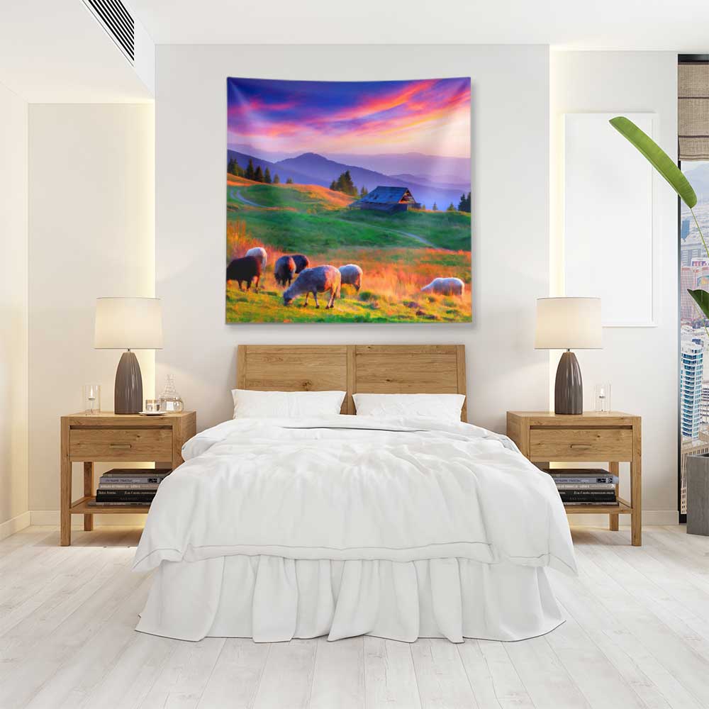 Dağ Evi ve Koyunlu Gün Batımı Manzaralı Duvar Örtüsü 4754
