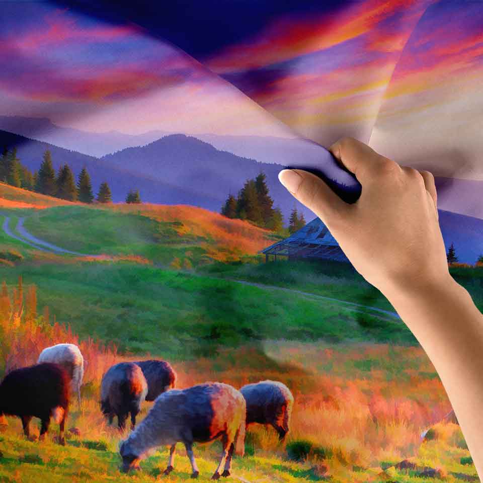 Dağ Evi ve Koyunlu Gün Batımı Manzaralı Duvar Örtüsü 4754