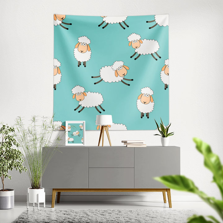 Mint Yeşili Zemin Üzerinde Sevimli Koyun Desenli Duvar Örtüsü 4756