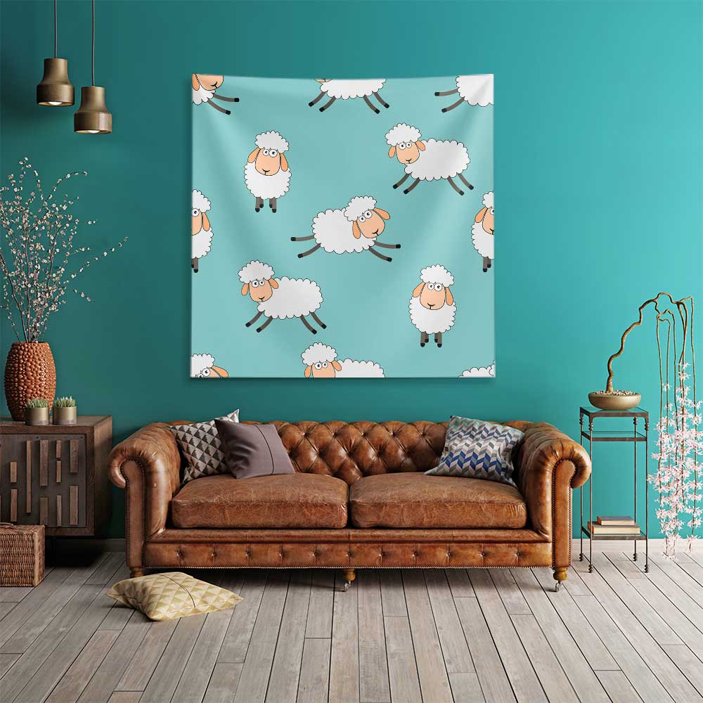 Mint Yeşili Zemin Üzerinde Sevimli Koyun Desenli Duvar Örtüsü 4756