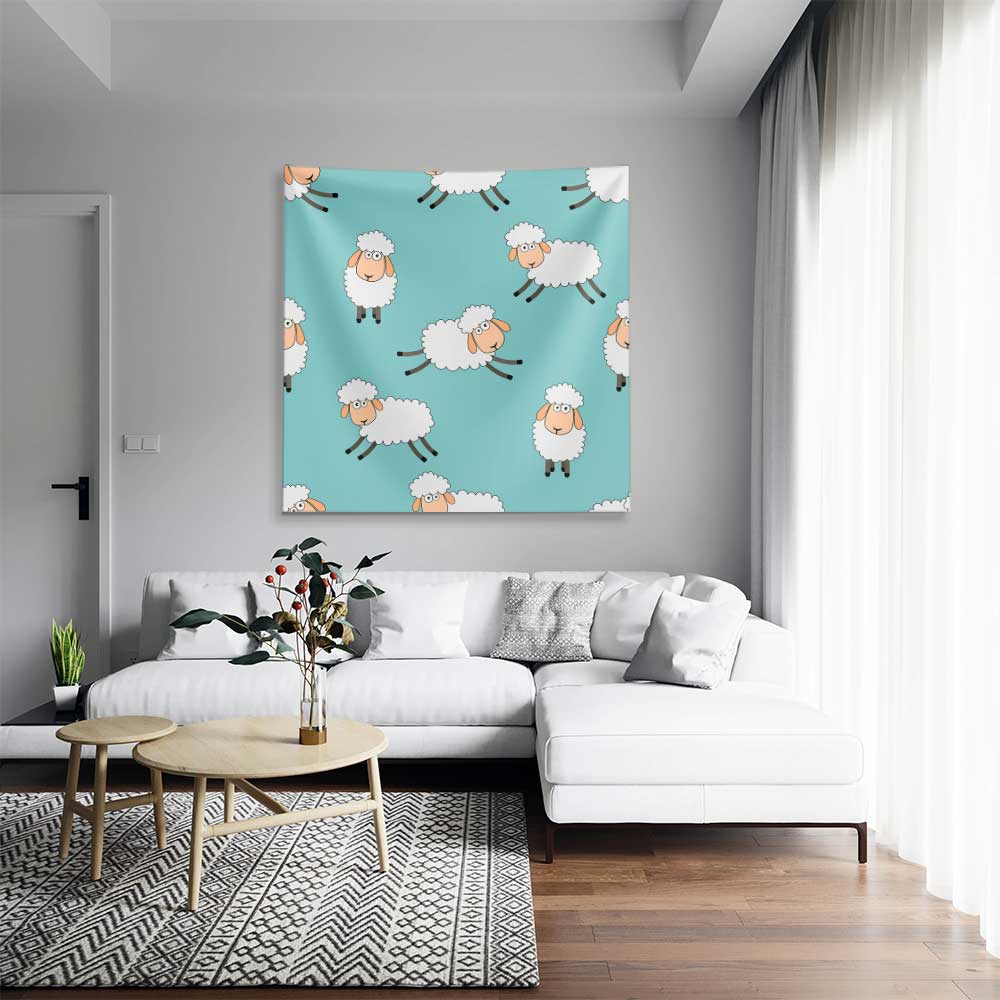 Mint Yeşili Zemin Üzerinde Sevimli Koyun Desenli Duvar Örtüsü 4756