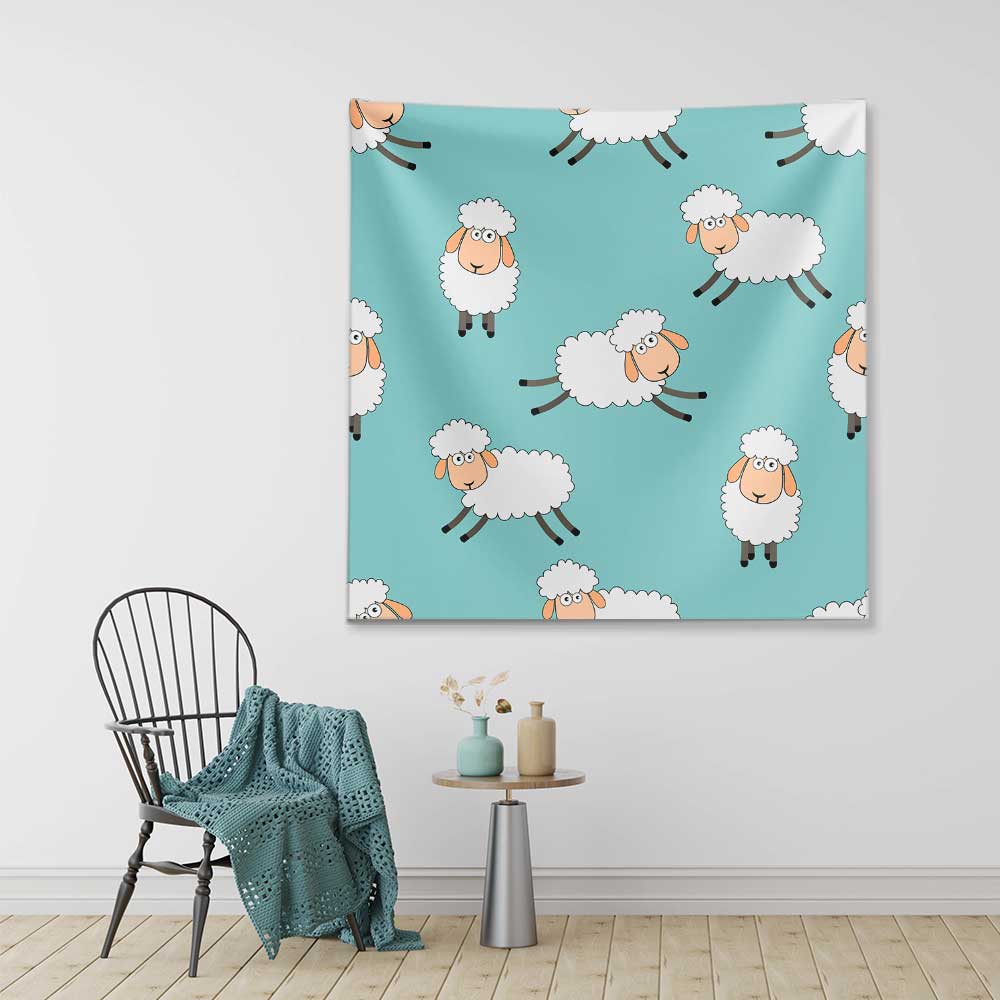 Mint Yeşili Zemin Üzerinde Sevimli Koyun Desenli Duvar Örtüsü 4756