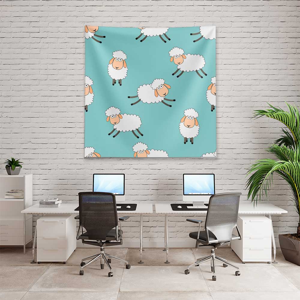 Mint Yeşili Zemin Üzerinde Sevimli Koyun Desenli Duvar Örtüsü 4756