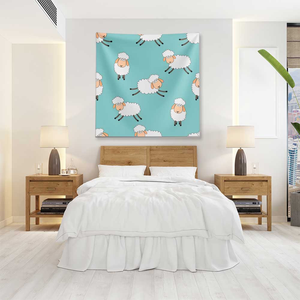 Mint Yeşili Zemin Üzerinde Sevimli Koyun Desenli Duvar Örtüsü 4756