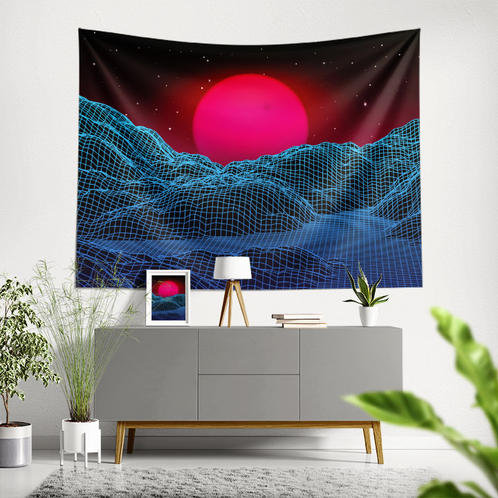 Neon Güneşli Wireframe Manzara Dijital Sanat Duvar Örtüsü 4871