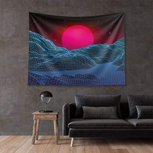 Neon Güneşli Wireframe Manzara Dijital Sanat Duvar Örtüsü 4871