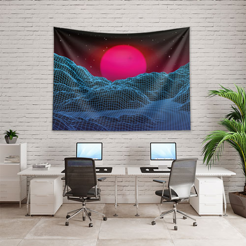 Neon Güneşli Wireframe Manzara Dijital Sanat Duvar Örtüsü 4871