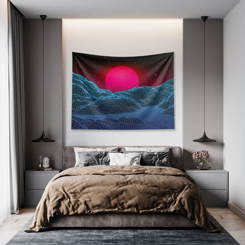 Neon Güneşli Wireframe Manzara Dijital Sanat Duvar Örtüsü 4871