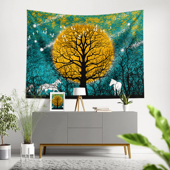 Altın Ay ve Ağaç Silüeti Dijital Sanat Duvar Örtüsü 4872