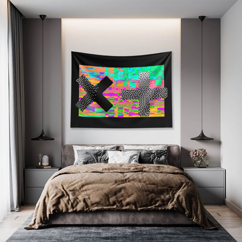 duvar-ortusu-4873-04 Glitch X ve Artı Sembollü Dijital Sanat Duvar Örtüsü 4873