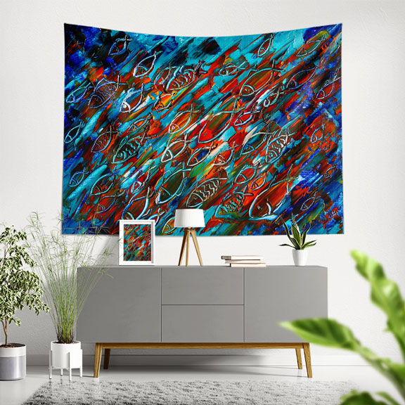 Soyut Balık Desenli Sanatsal Duvar Örtüsü 4946