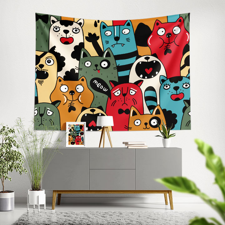 Renkli Kedi Köpek Karakterli Duvar Örtüsü 4953