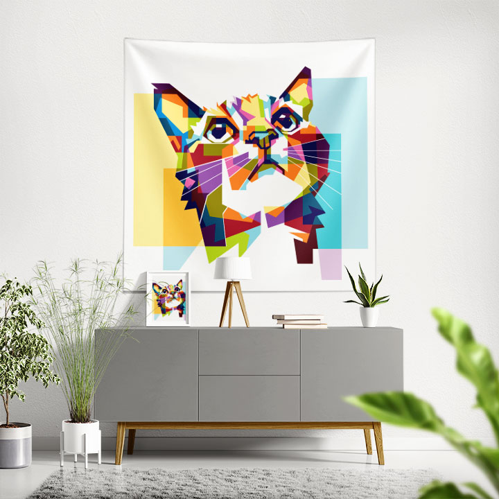 Renkli Geometrik Kedi Portresi Duvar Örtüsü 4960