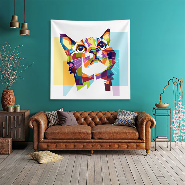 Renkli Geometrik Kedi Portresi Duvar Örtüsü 4960