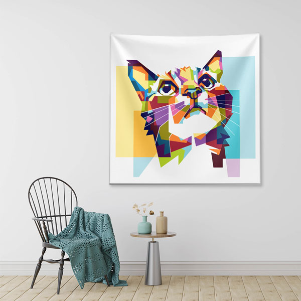 Renkli Geometrik Kedi Portresi Duvar Örtüsü 4960