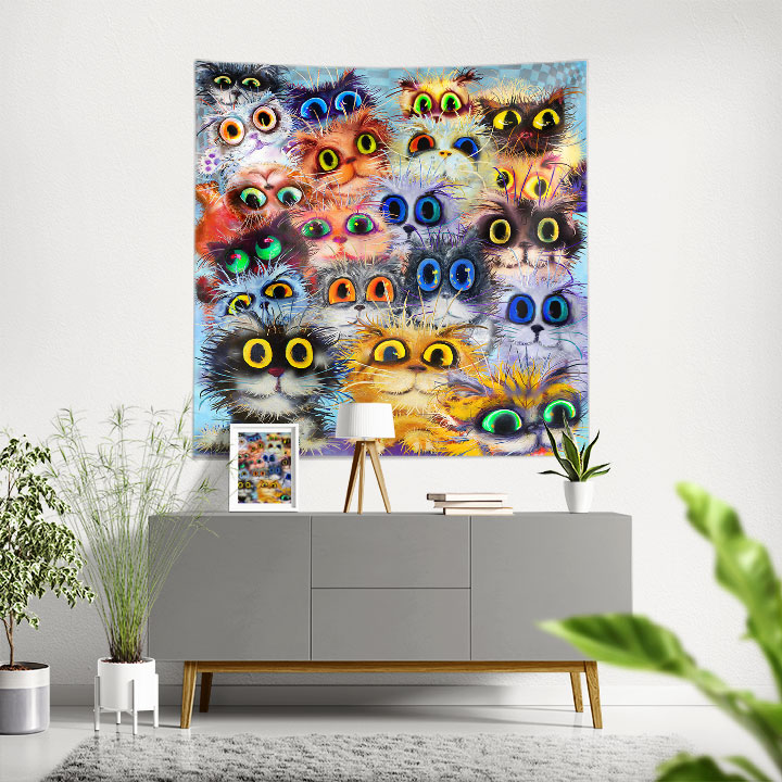 Renkli Sevimli Kediler Kolajı Duvar Örtüsü 4961