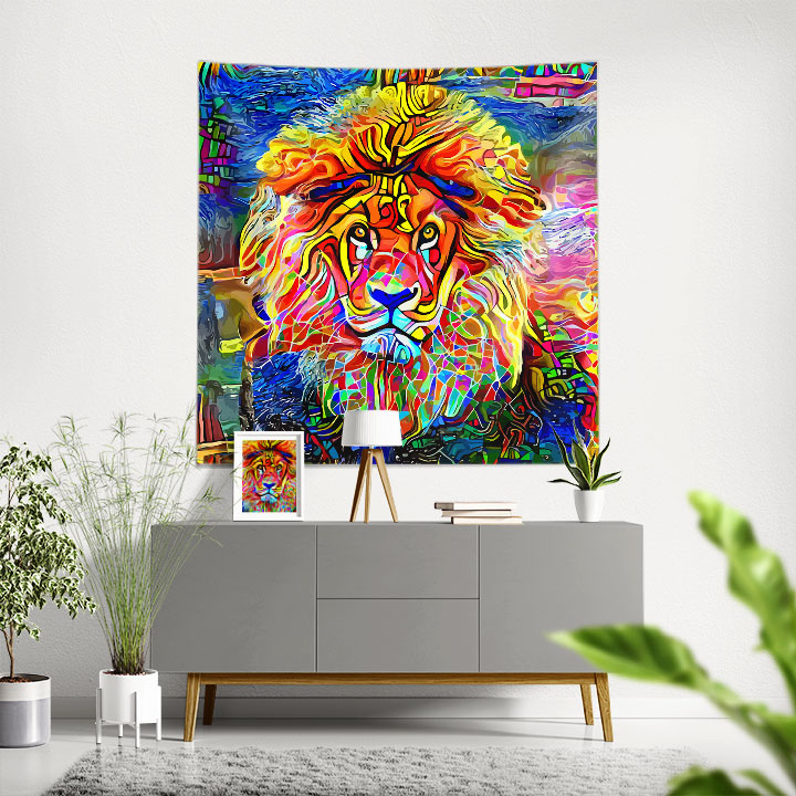 Renkli Sanatsal Aslan Portresi Duvar Örtüsü 4963