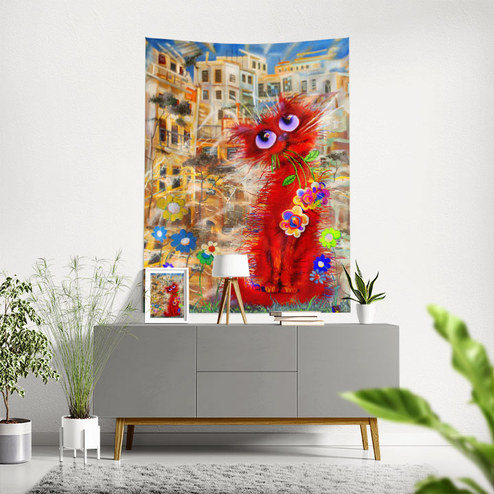 Çiçek Tutan Sevimli Kedi Duvar Örtüsü 4966