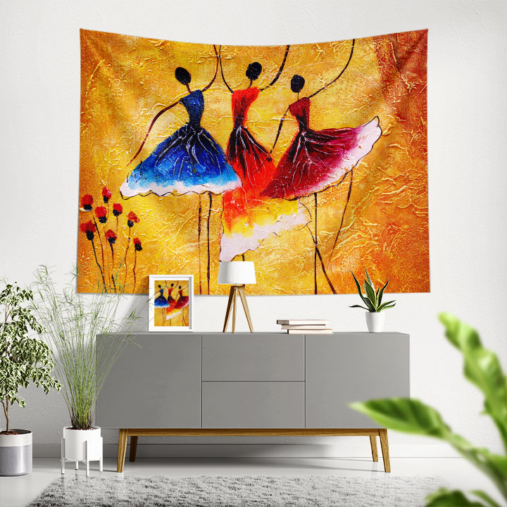 Altın Zeminde Üç Dansçı Figürü Temalı Sanatsal Duvar Örtüsü 5082