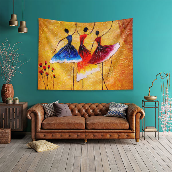 Altın Zeminde Üç Dansçı Figürü Temalı Sanatsal Duvar Örtüsü 5082