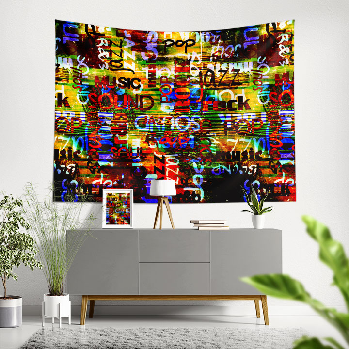 Müzik Tipografi Kolajı Temalı Renkli Duvar Örtüsü 5083