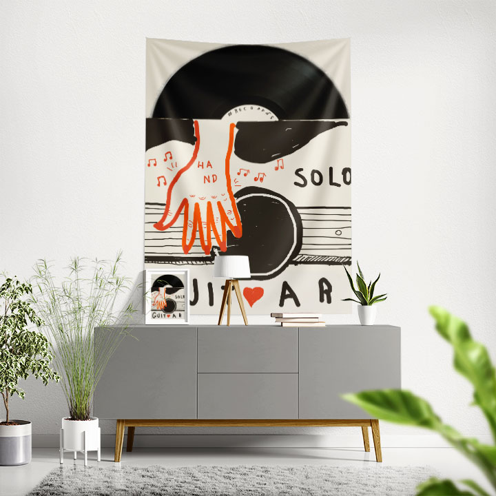 Plak ve Gitar İllüstrasyonlu Modern Müzik Temalı Duvar Örtüsü 5090