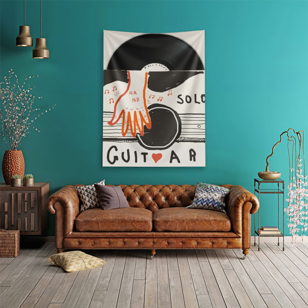 Plak ve Gitar İllüstrasyonlu Modern Müzik Temalı Duvar Örtüsü 5090