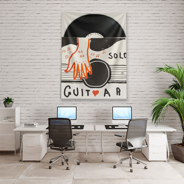 Plak ve Gitar İllüstrasyonlu Modern Müzik Temalı Duvar Örtüsü 5090