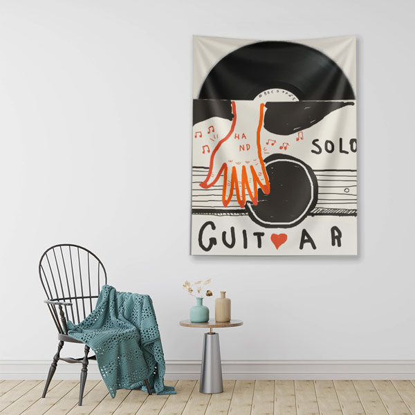 Plak ve Gitar İllüstrasyonlu Modern Müzik Temalı Duvar Örtüsü 5090