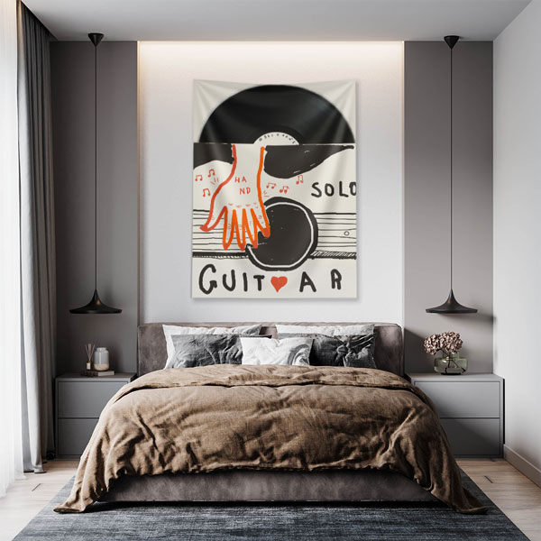 Plak ve Gitar İllüstrasyonlu Modern Müzik Temalı Duvar Örtüsü 5090