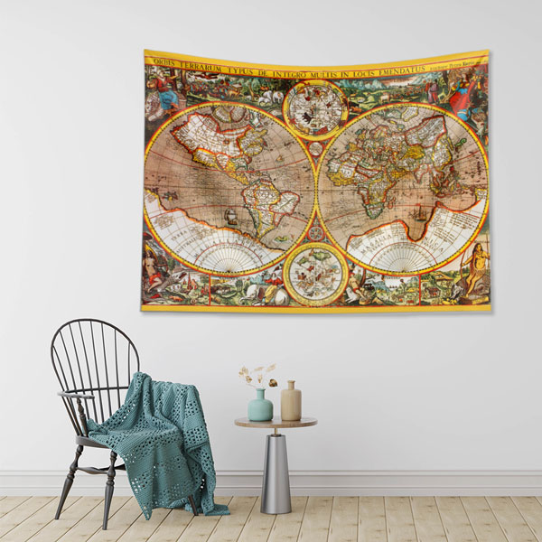 Çift Yarımküre Antik Dünya Haritası Duvar Örtüsü 5140