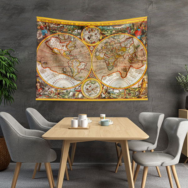Çift Yarımküre Antik Dünya Haritası Duvar Örtüsü 5140