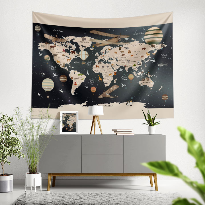Uçaklı ve Balonlu Dünya Haritası Duvar Örtüsü 5141