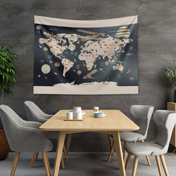 Uçaklı ve Balonlu Dünya Haritası Duvar Örtüsü 5141