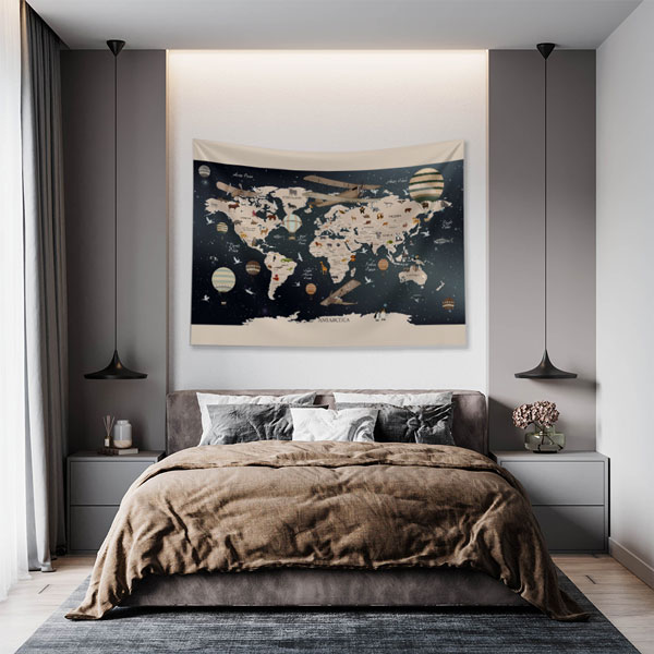 Uçaklı ve Balonlu Dünya Haritası Duvar Örtüsü 5141