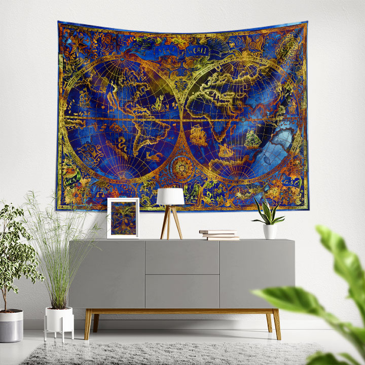 Mavi Altın Tonlu Çift Yarımküre Dünya Haritası Duvar Örtüsü 5142