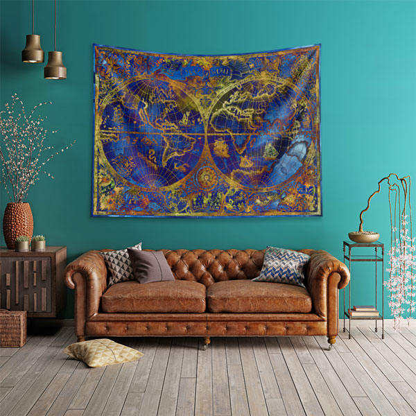 Mavi Altın Tonlu Çift Yarımküre Dünya Haritası Duvar Örtüsü 5142