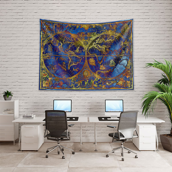 Mavi Altın Tonlu Çift Yarımküre Dünya Haritası Duvar Örtüsü 5142