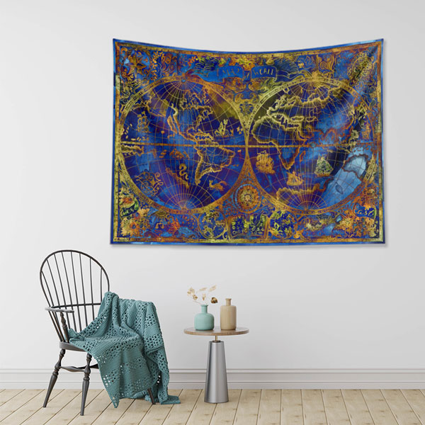 Mavi Altın Tonlu Çift Yarımküre Dünya Haritası Duvar Örtüsü 5142