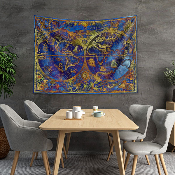 Mavi Altın Tonlu Çift Yarımküre Dünya Haritası Duvar Örtüsü 5142