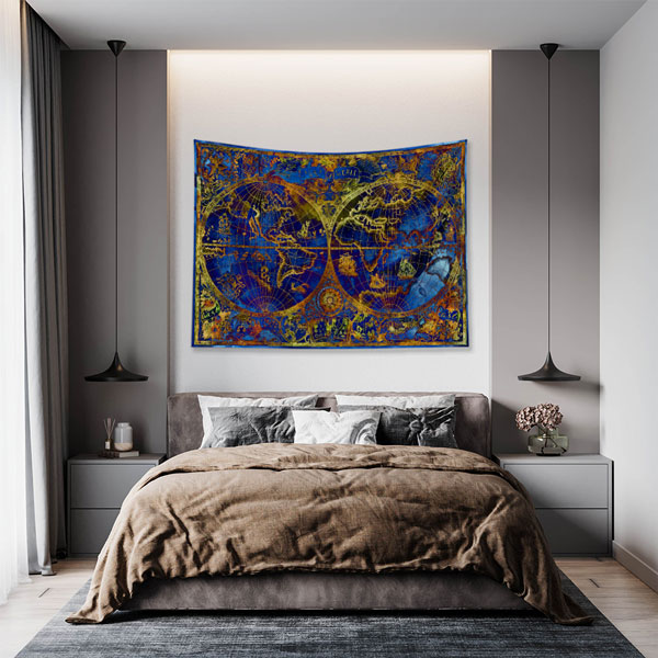 Mavi Altın Tonlu Çift Yarımküre Dünya Haritası Duvar Örtüsü 5142