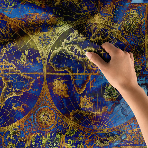 Mavi Altın Tonlu Çift Yarımküre Dünya Haritası Duvar Örtüsü 5142