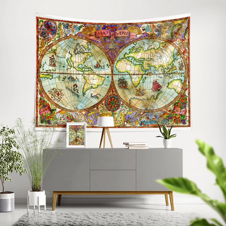 Renkli Süslemeli Çift Yarımküre Dünya Haritası Duvar Örtüsü 5143