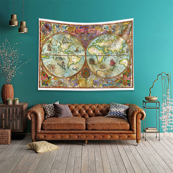 Renkli Süslemeli Çift Yarımküre Dünya Haritası Duvar Örtüsü 5143